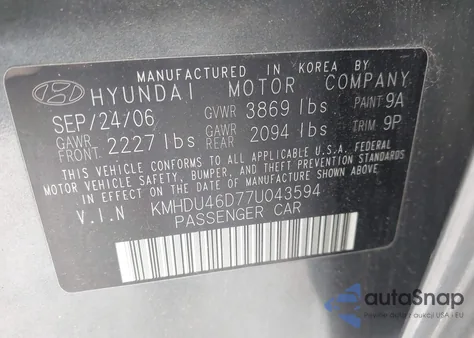 2007 Hyundai Elantra Gls/Limited/Se from USA, damaged, VIN KMHDU46D77U043594
